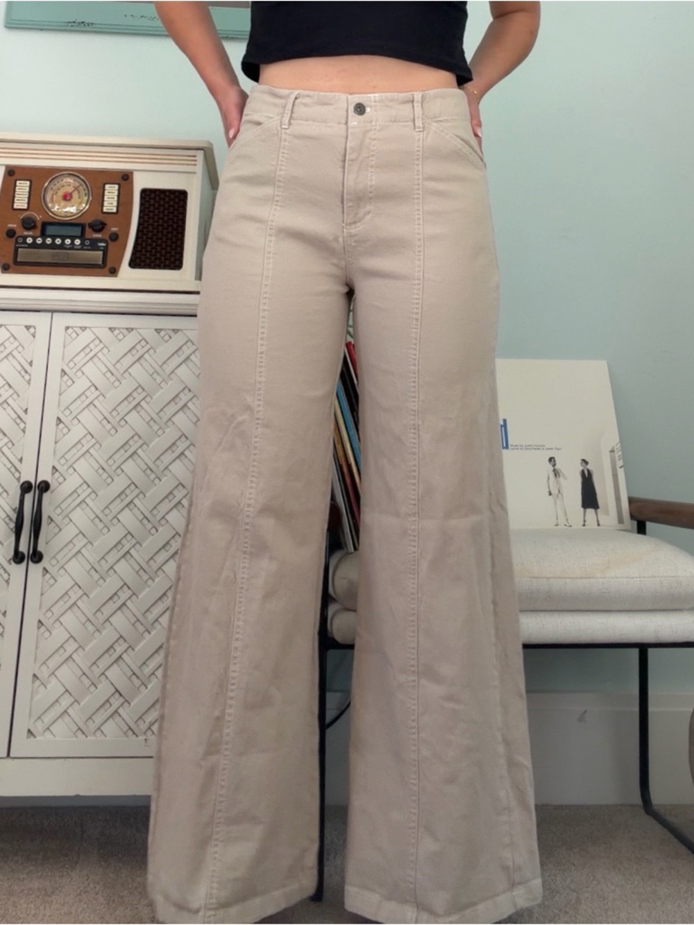 High-Rise Wide-Leg Jeans in Light Beige